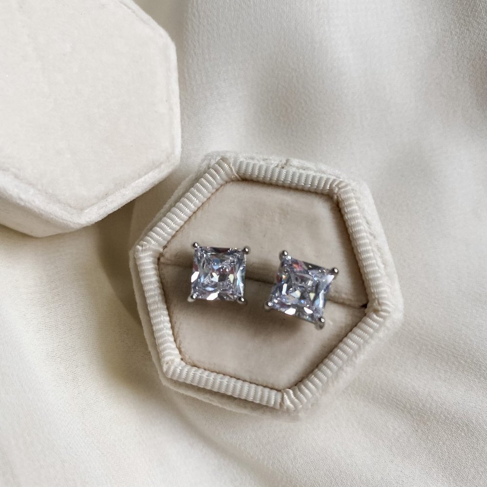 Sterling Silver CZ Diamond Princess Cut Earrings